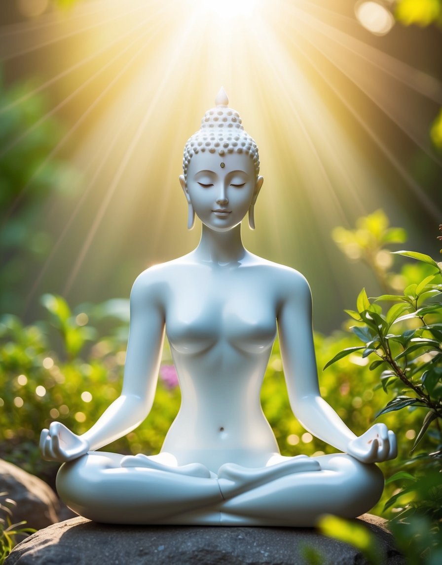 A serene figure surrounded by nature, with rays of light shining down, practicing meditation for spiritual awakening