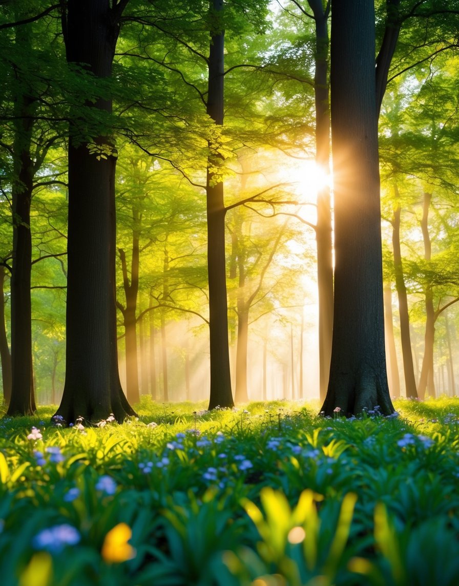 A serene forest with sunlight filtering through the trees, casting a warm glow on the vibrant green foliage and delicate flowers blooming on the forest floor