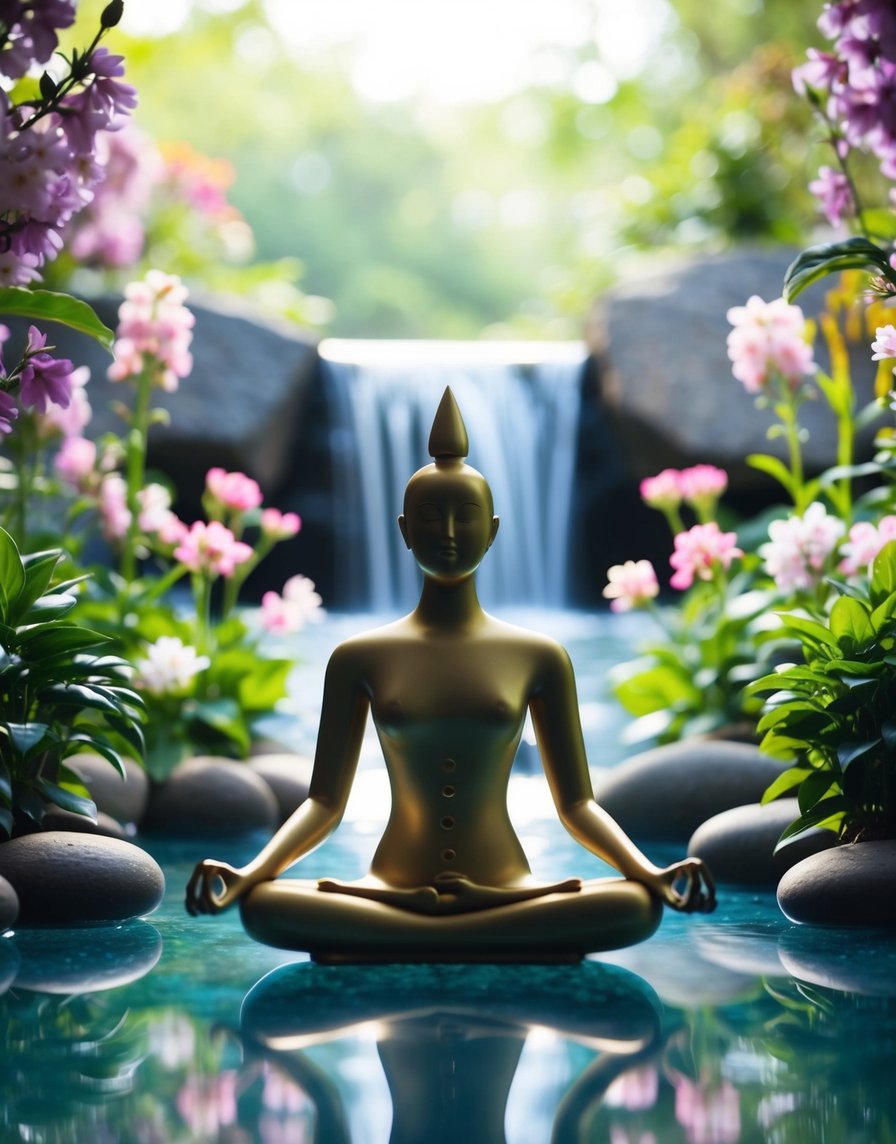 A figure meditates in a tranquil garden, surrounded by blooming flowers and a serene waterfall, symbolizing inner peace and spiritual growth