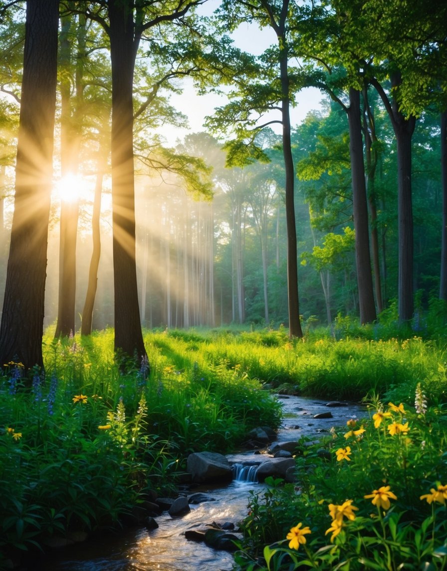 A serene forest clearing at dawn, with light filtering through the trees and birdsong filling the air. A gentle stream flows, surrounded by vibrant wildflowers and lush greenery