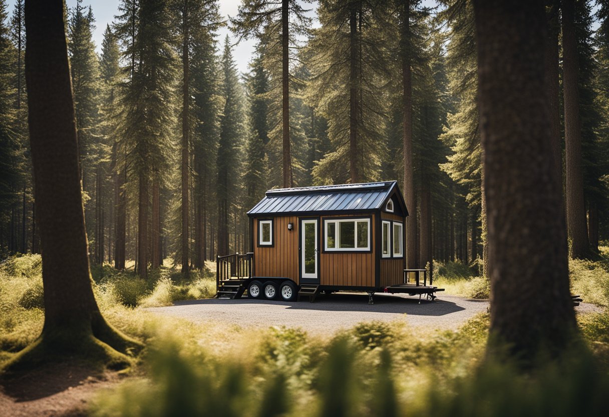 A small, rustic tiny home sits on a wooded lot in Canada. A "For Sale" sign is posted in front, with a real estate agent showing the property to potential buyers