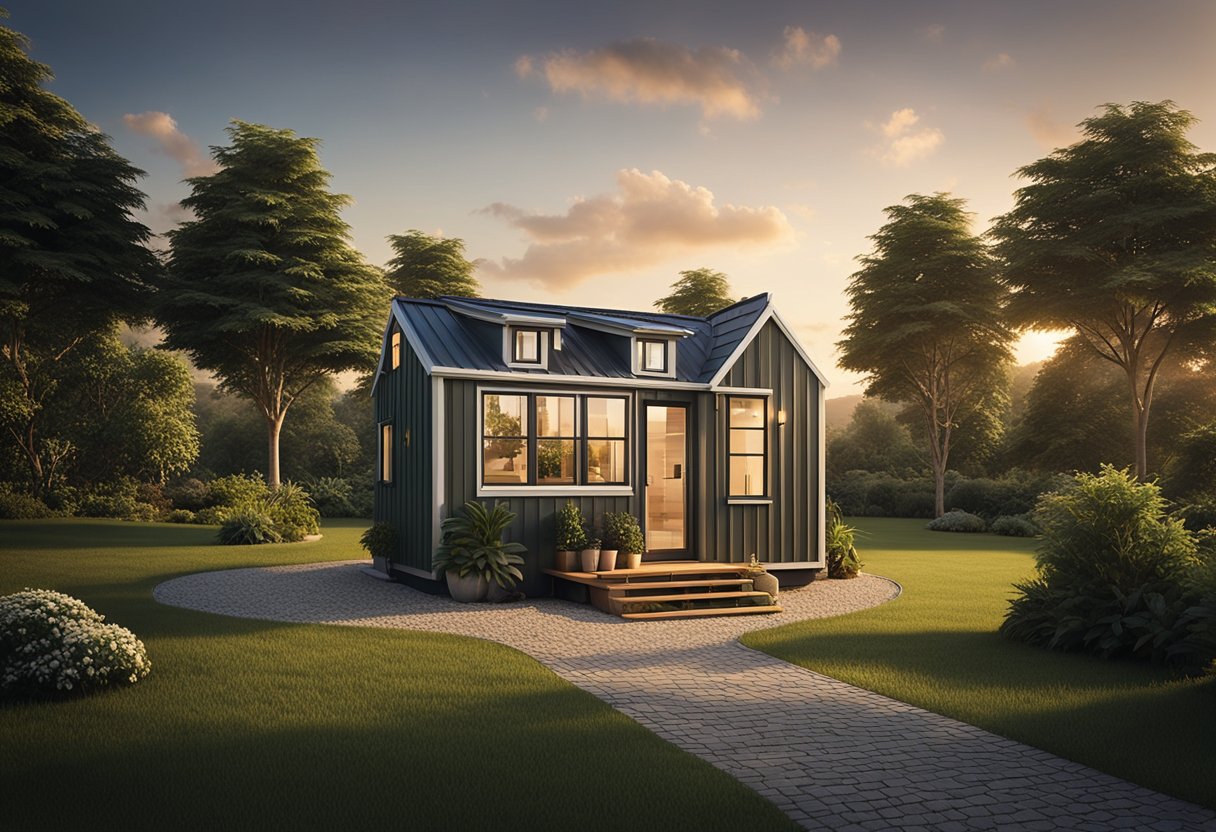 A cozy, minimalist tiny home sits on a lush green plot of land, with a "For Sale" sign in the front yard. The sun sets in the background, casting a warm glow over the scene