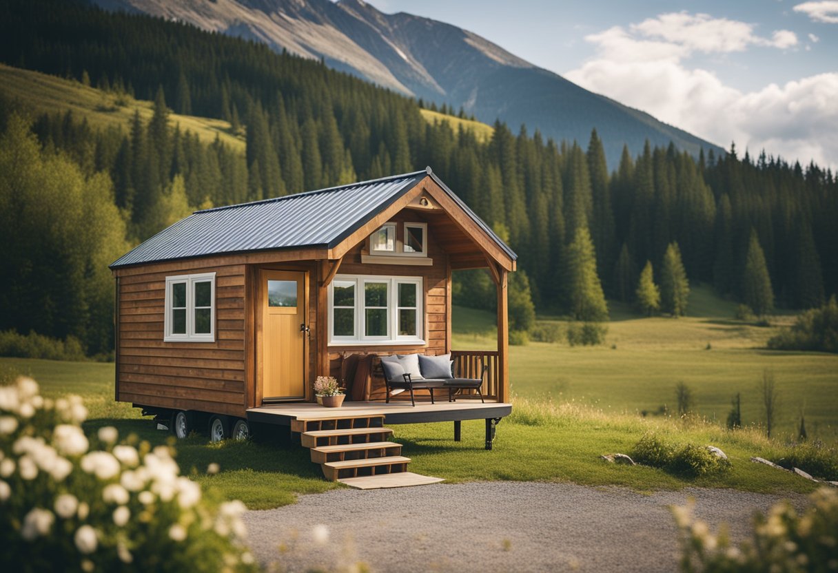 A cozy, rustic tiny home with a "For Sale" sign out front, nestled in a picturesque Canadian landscape with a mountain backdrop and a clear blue sky