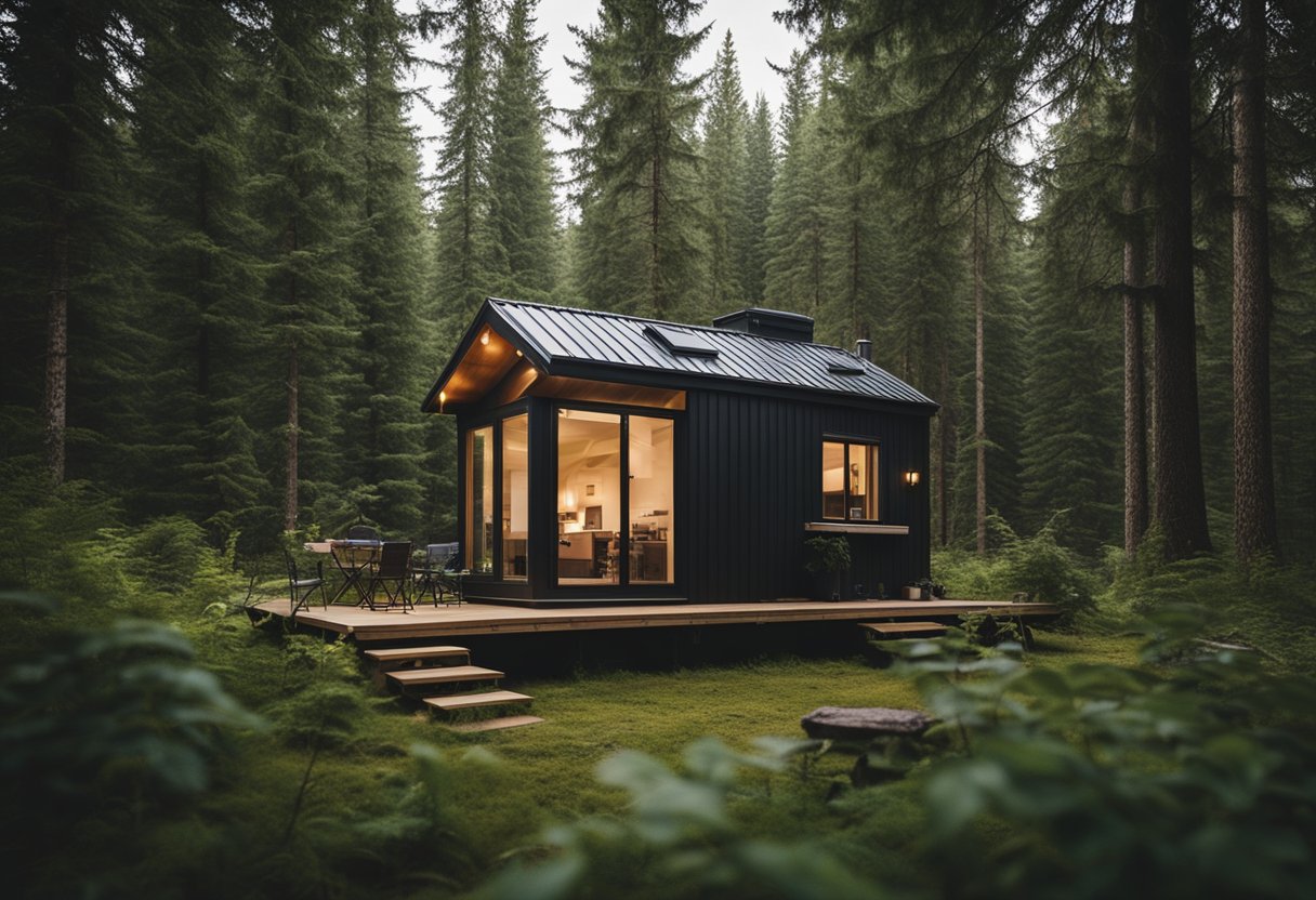 A cozy, off-grid tiny home nestled in a Canadian forest, surrounded by lush greenery and a serene natural landscape