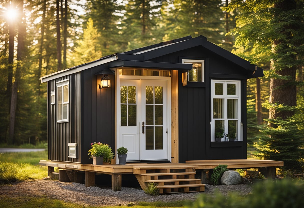 A tiny home sits on a wooded lot in Canada, with a "For Sale" sign in front. The home is well-maintained and features a small porch and garden