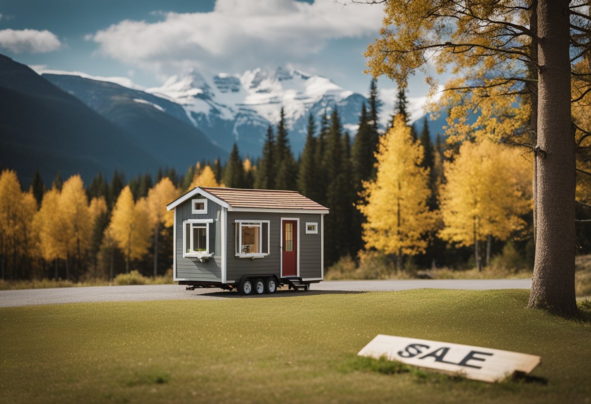 A tiny home sitting on a Canadian landscape, with a "For Sale" sign in the front yard. The home is surrounded by trees and mountains in the background