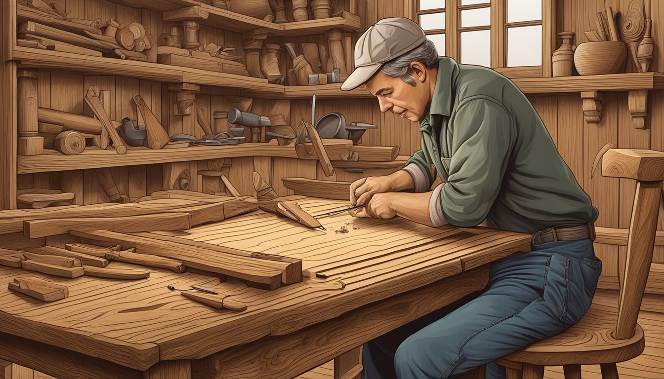 A German Texan woodworker carving intricate designs into a sturdy oak table, surrounded by tools and traditional woodworking equipment