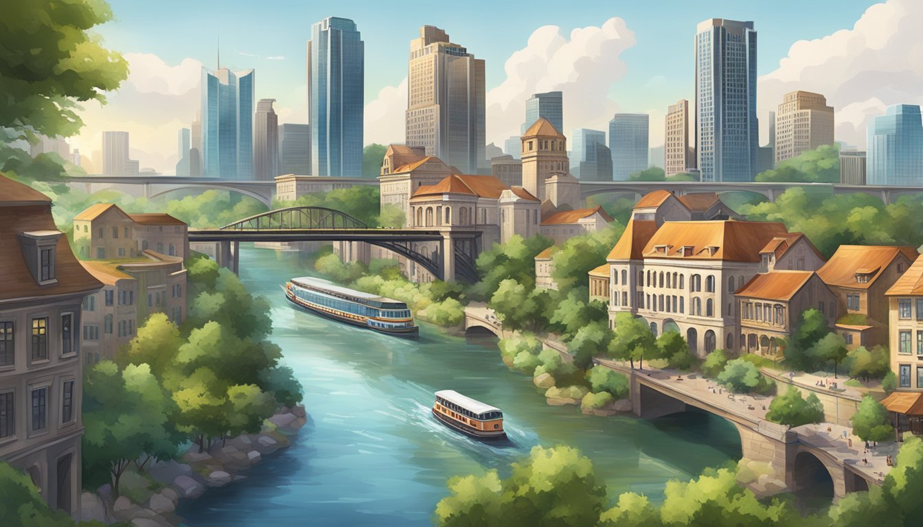 A bustling cityscape with modern skyscrapers and historic German Texan architecture, surrounded by lush greenery and flowing rivers