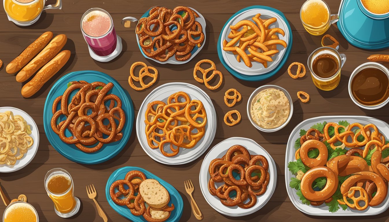 A colorful table adorned with pretzels, sausages, beer steins, and traditional German and Texan dishes for Karneval