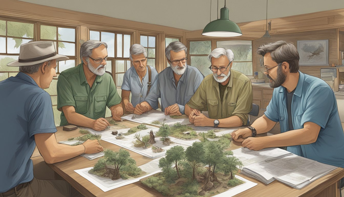 A group of German Texan scientists and naturalists gather around a table, examining specimens and discussing their impact on the local environment