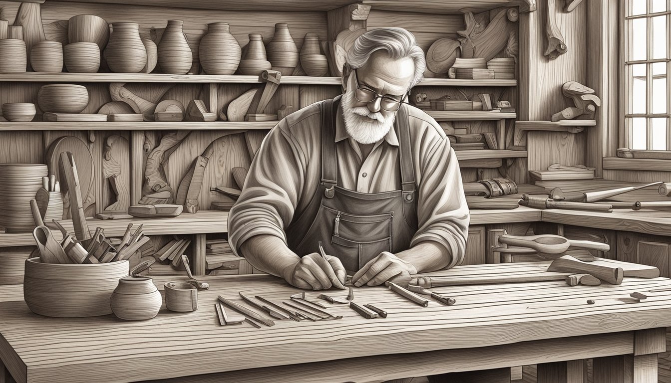 A traditional German Texan woodworker carving intricate designs into a sturdy oak table, surrounded by tools and finished pieces