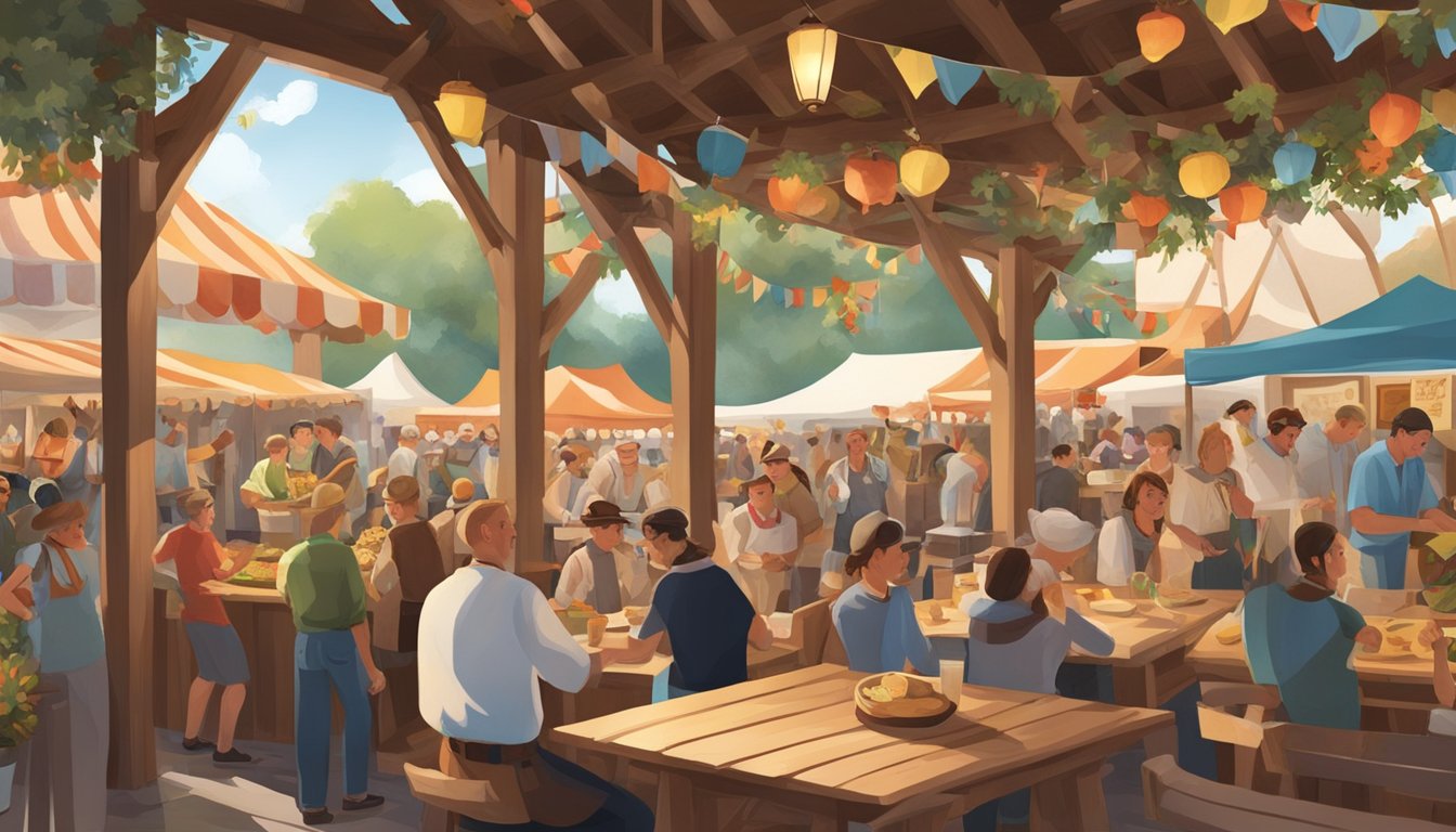 A lively festival scene with German Texan culinary traditions and woodworking influences evident in the decor and food stalls