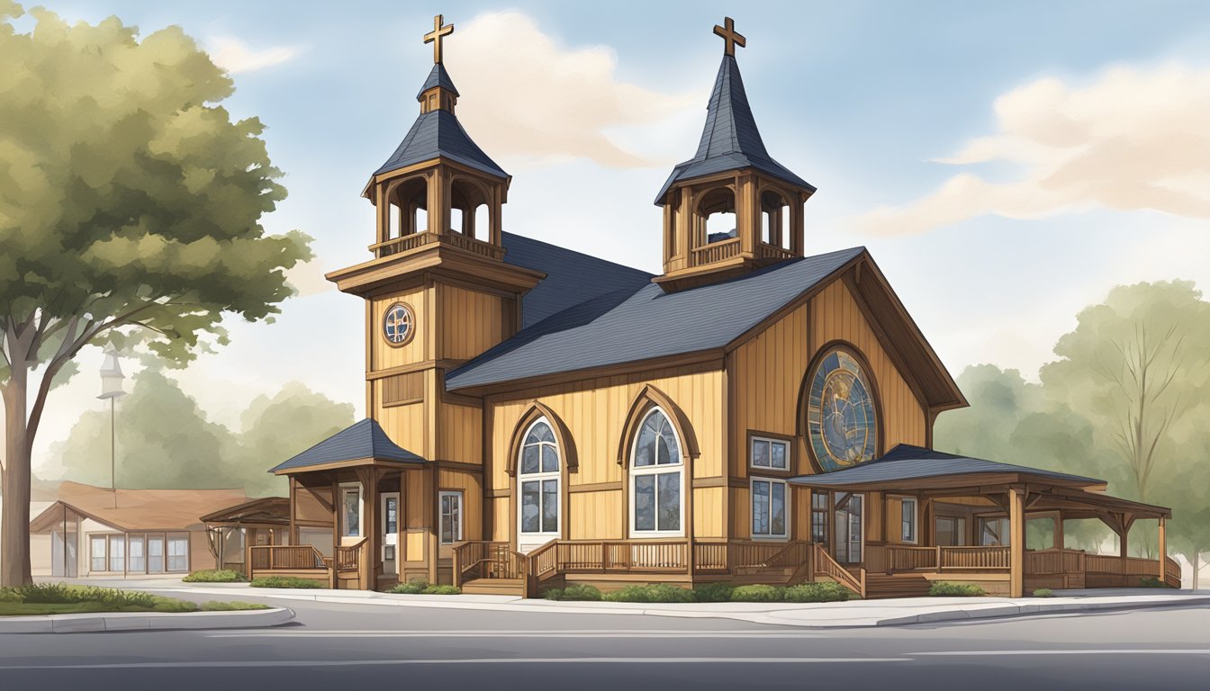 A wooden cross and a traditional German-style church bell tower stand alongside a community center, showcasing the influence of German Texan woodworking in religious and community architecture