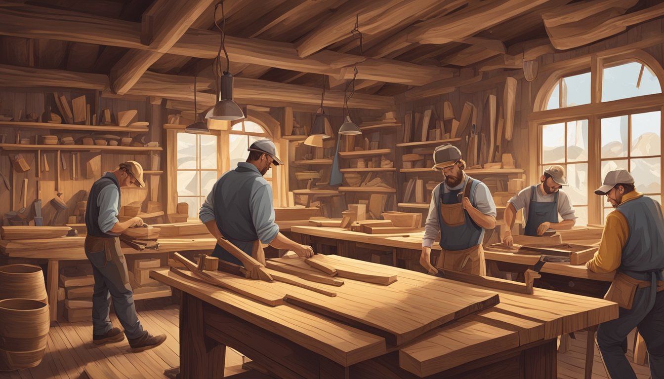 A group of German Texan woodworkers shaping intricate furniture and tools in a rustic workshop, surrounded by tools and wood shavings