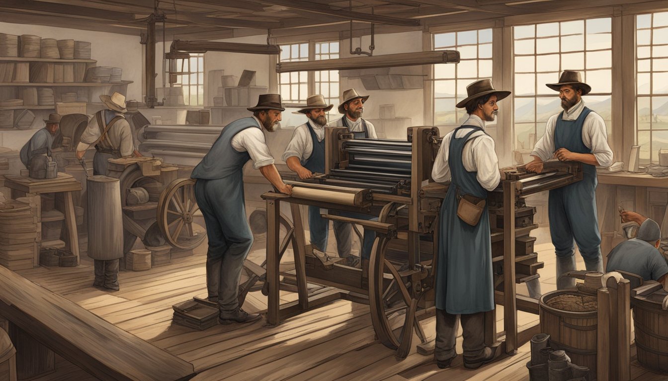 A group of early German immigrants in Texas setting up a printing press and publishing materials