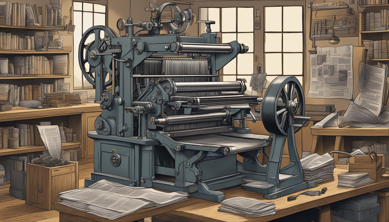 A German-Texan printing press, surrounded by Texan and German cultural symbols, with books and newspapers being produced