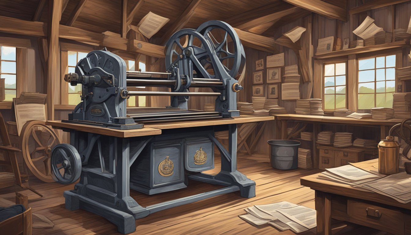 A vintage printing press in a rustic Texas barn, surrounded by German Texan cultural symbols and historical documents