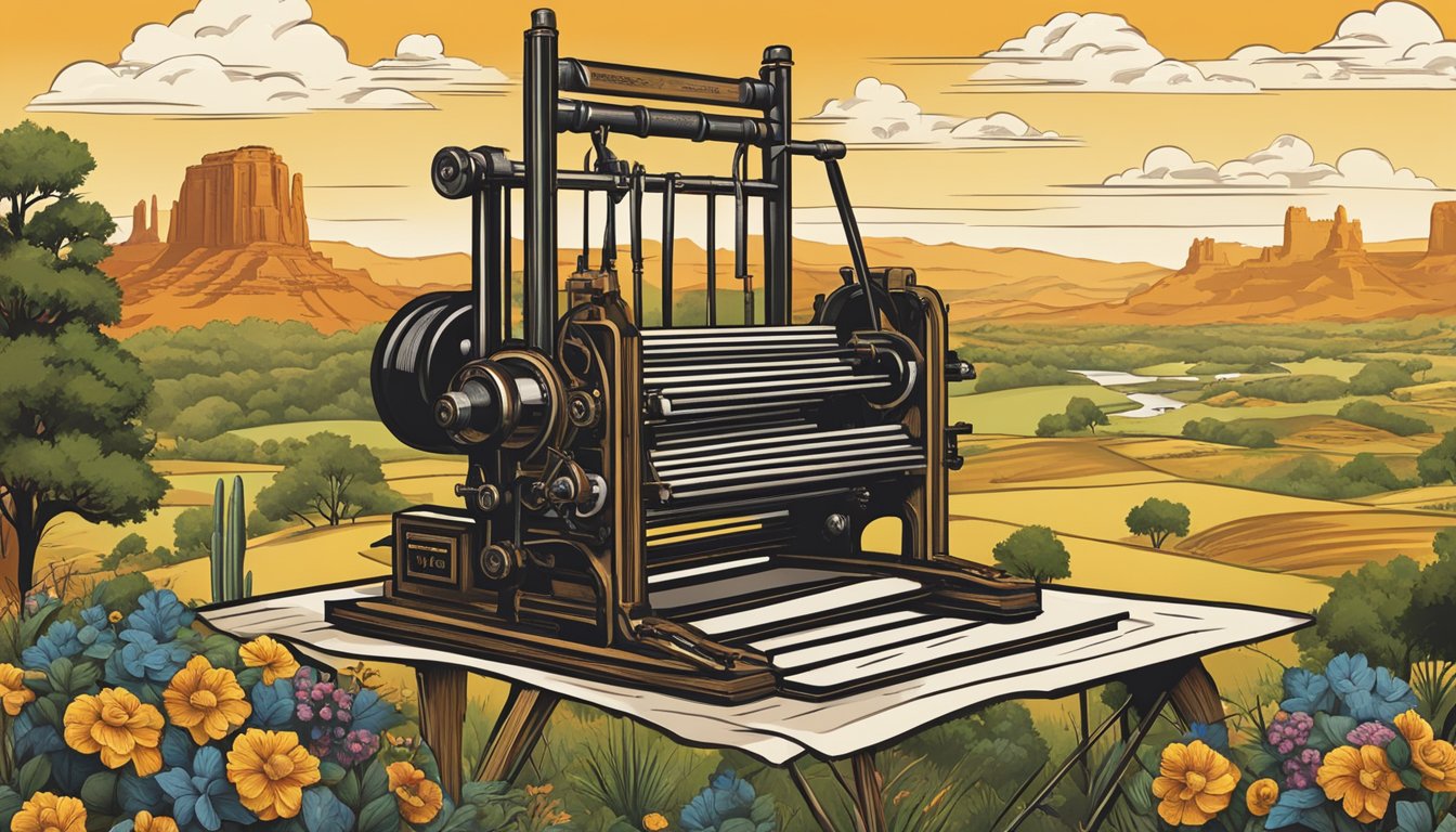 A traditional German Texas printing press surrounded by Texan landscapes and iconic cultural symbols