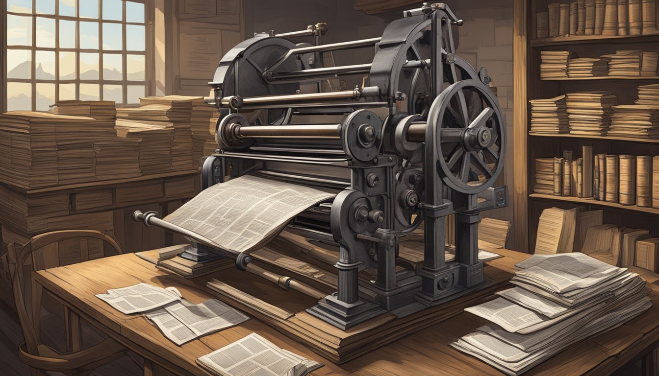 A German Texan printing press from the 19th century, with stacks of newspapers and books, surrounded by historical documents and research materials