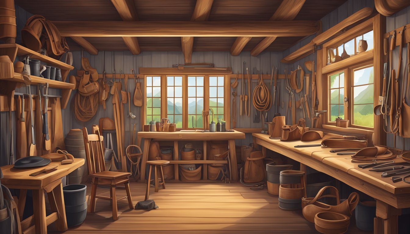 A traditional German Texan saddlemaker's workshop with tools and materials for crafting leather saddles and harnesses