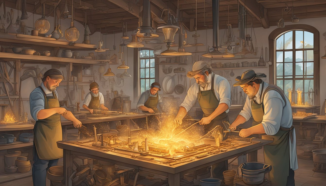 German immigrants shaping molten glass into intricate designs in a Texas workshop, surrounded by traditional German tools and symbols