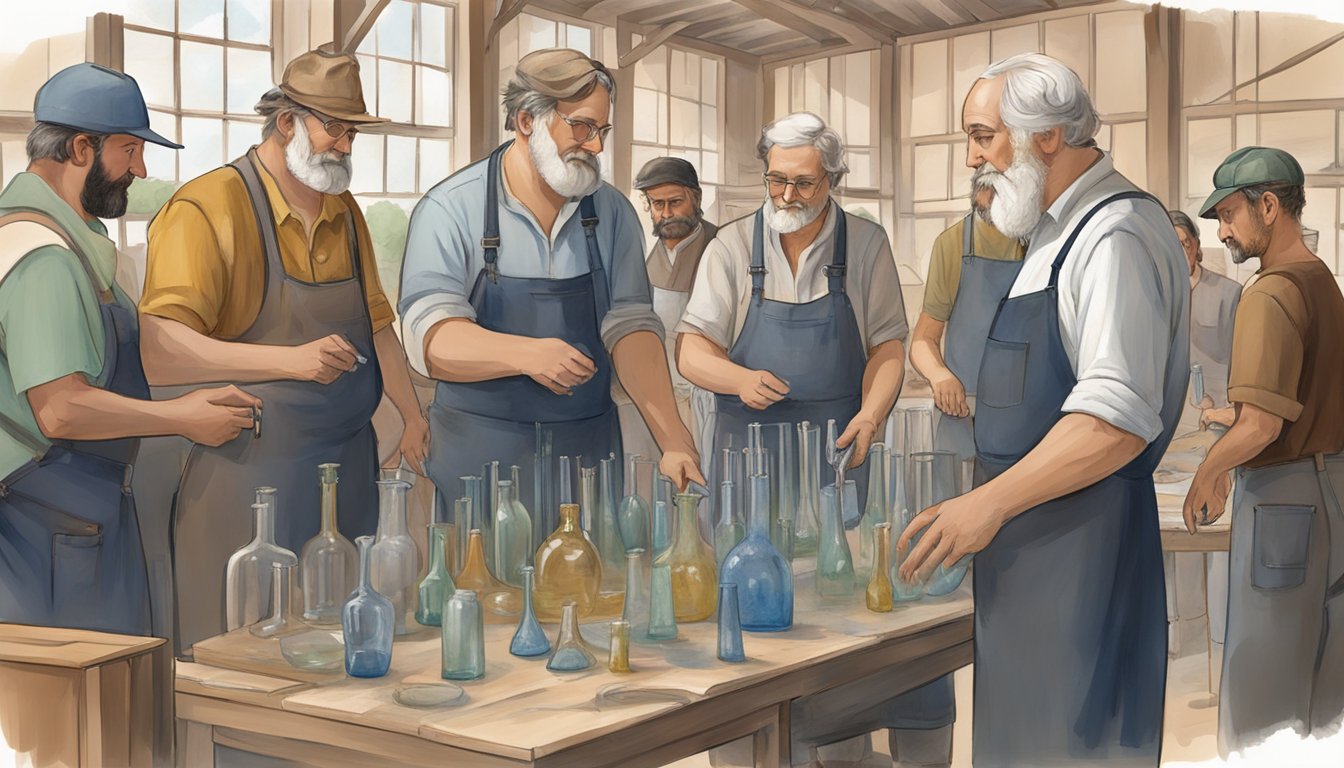 A group of German immigrants gather around a glassmaking workshop, exchanging ideas and techniques with local Texans. The workshop is surrounded by a network of social and political support, symbolizing the impact of German immigrants on Texas glassmaking