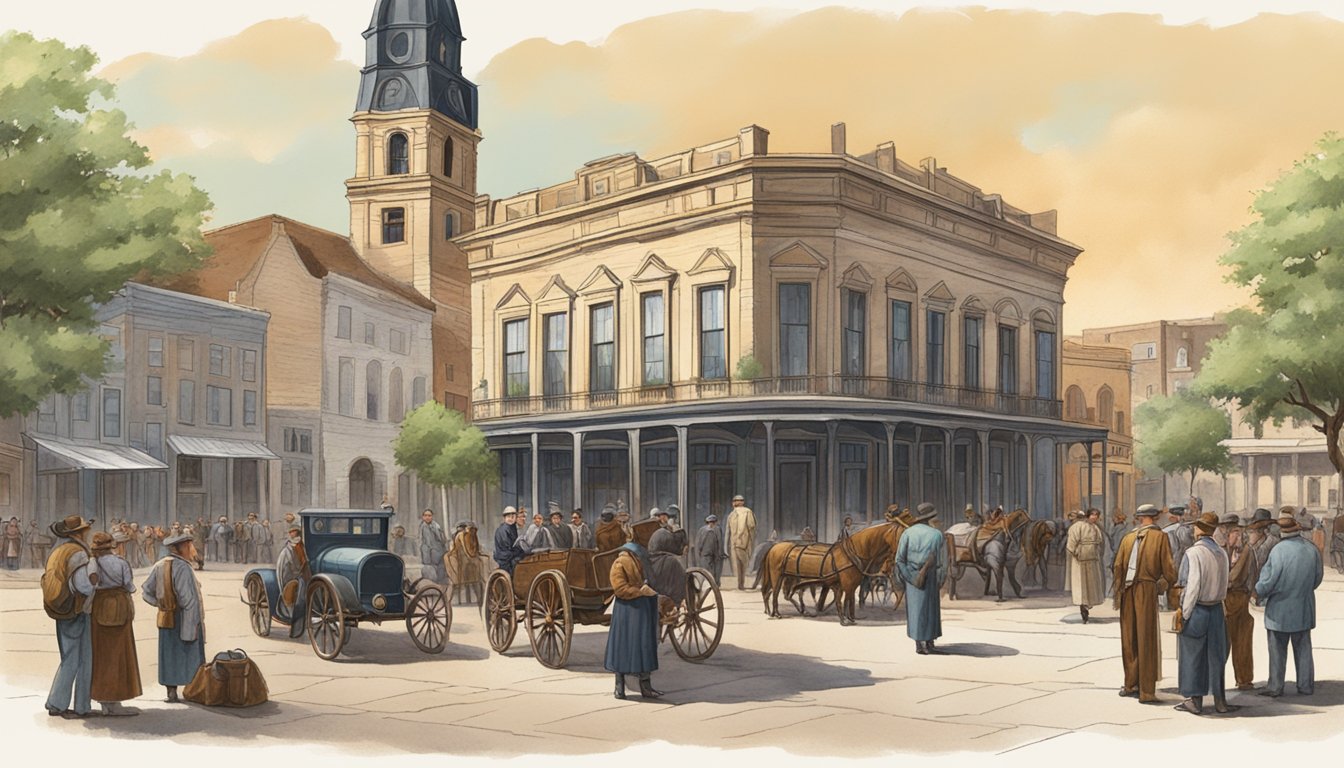 A group of German Texans discussing insurance policies in a historic Texas town square