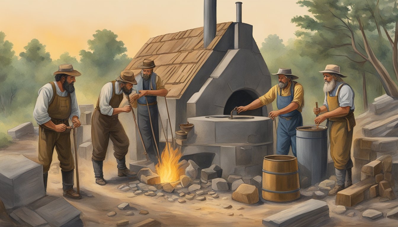 A group of German immigrants working together to build a glassmaking furnace in the Texas wilderness