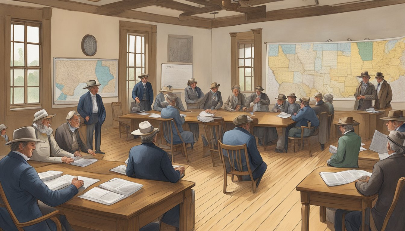 A group of German Texans gather in a meeting hall, discussing insurance policies and regulations, while historical documents and maps of Texas adorn the walls