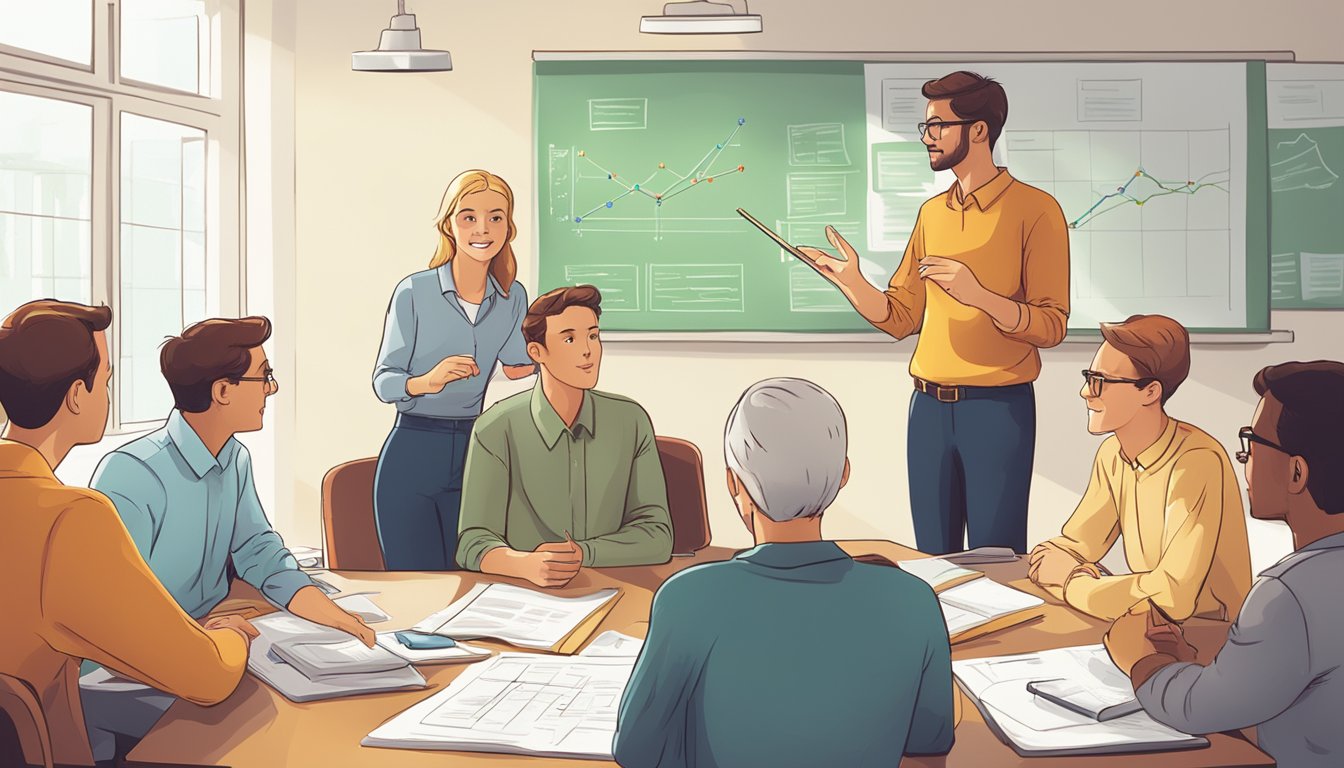 A group of German Texans discussing insurance policies and education in a classroom setting, surrounded by textbooks and charts