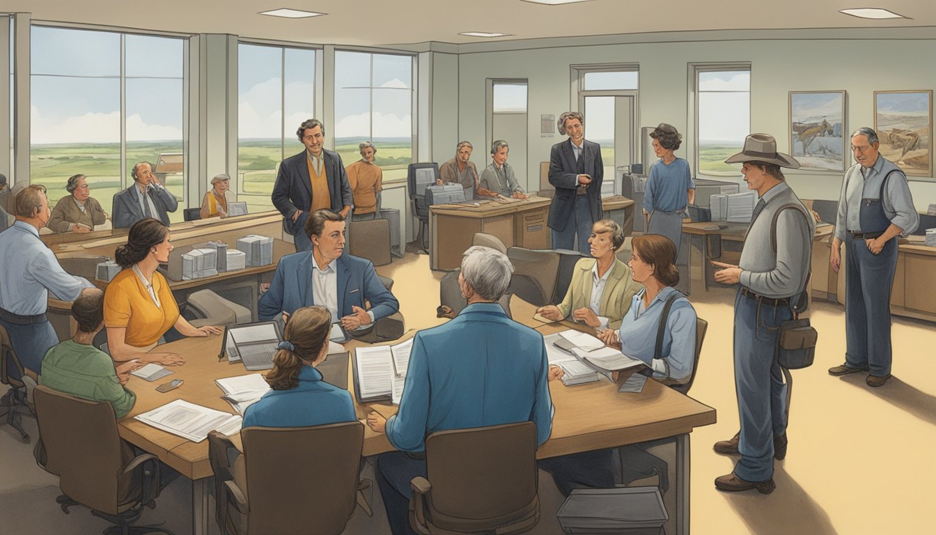 A group of German Texans gather in a bustling insurance office, discussing policies and economic security. The landscape of Texas is depicted in the background, highlighting the influence of these individuals on the state's insurance industry