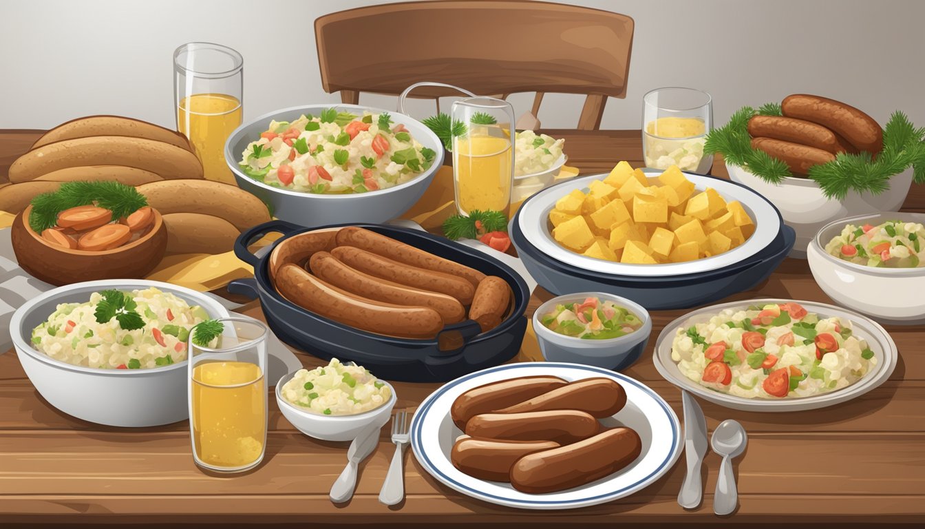 A festive table set with traditional German-Texan dishes for a Silvester celebration, including sausages, sauerkraut, and potato salad