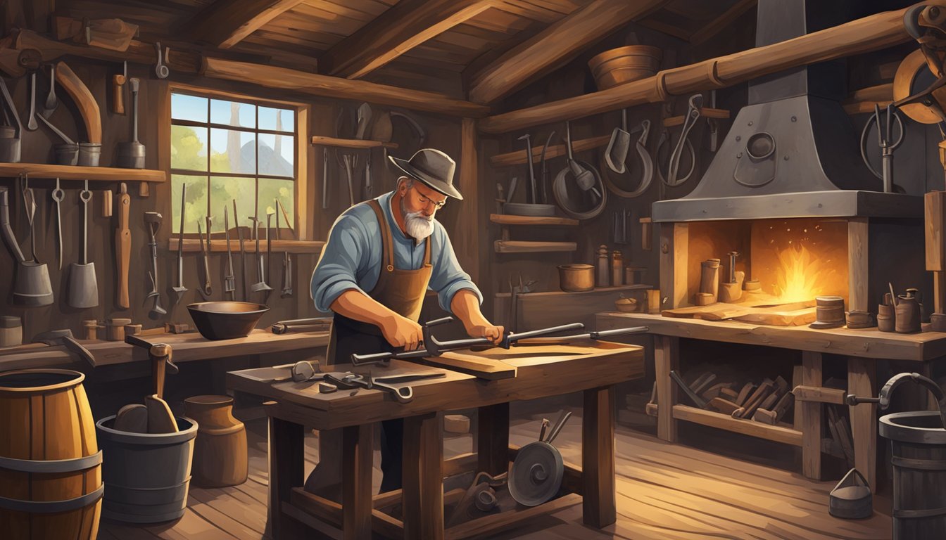 A German Texan blacksmith crafting intricate metalwork in a rustic workshop, surrounded by traditional tools and forging equipment