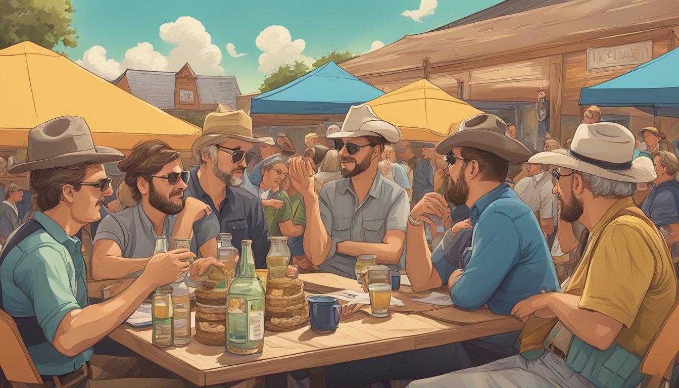 A group of German Texans discussing insurance policies at a vibrant Texas festival, surrounded by traditional German art and music