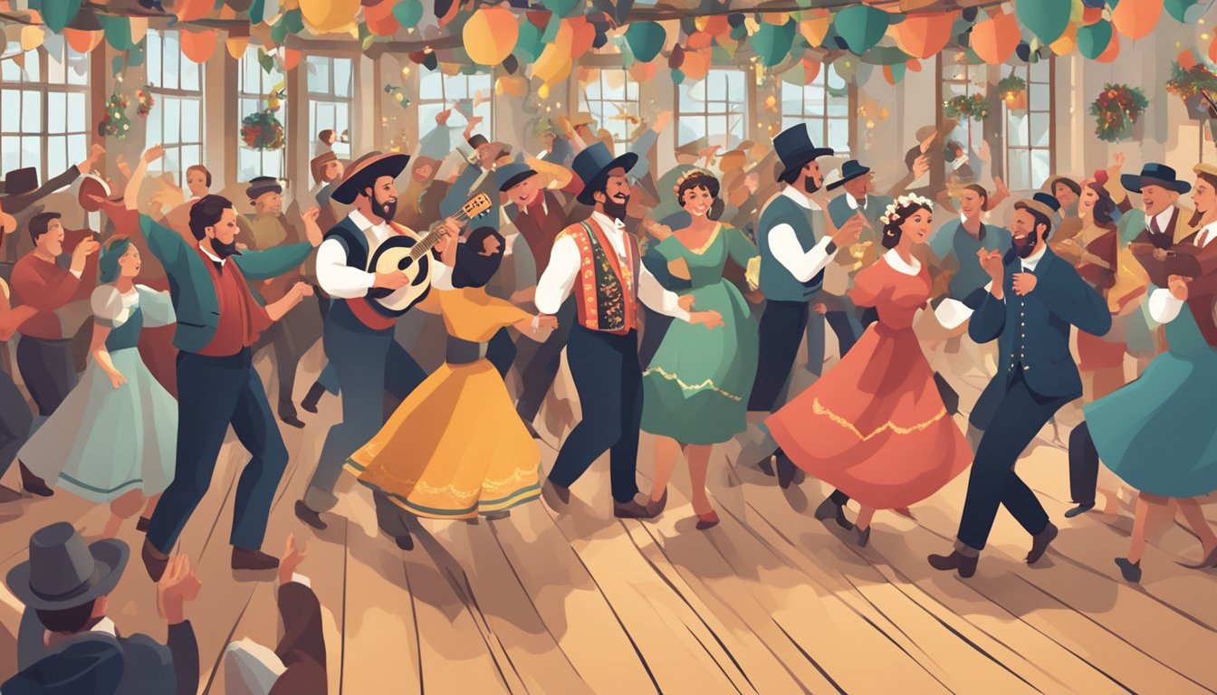 A lively scene of people in festive attire dancing to German Texan music, surrounded by traditional decorations for Silvester