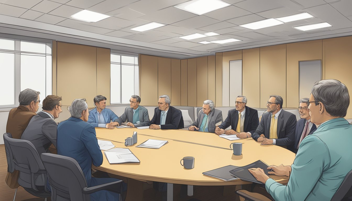 A group of German Texans gathering in a meeting room, discussing and strategizing the development of the Texas insurance industry