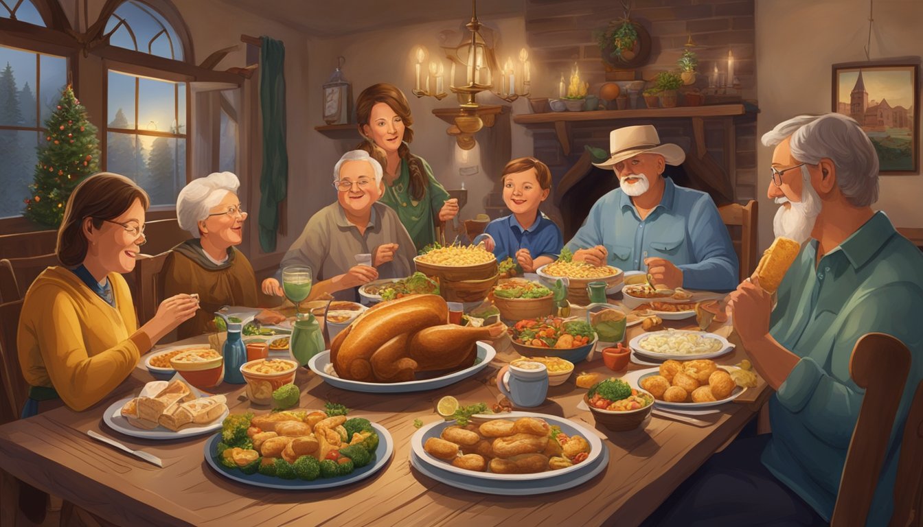 A family gathering around a table, eating traditional German-Texan Silvester foods, with religious symbols and decorations adorning the room