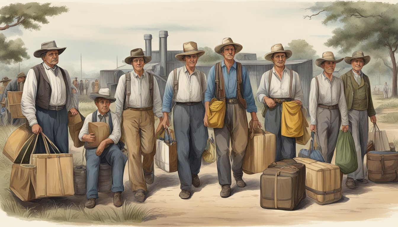 A group of German immigrants arriving in Texas, with their belongings and tools, ready to contribute to the development of the state