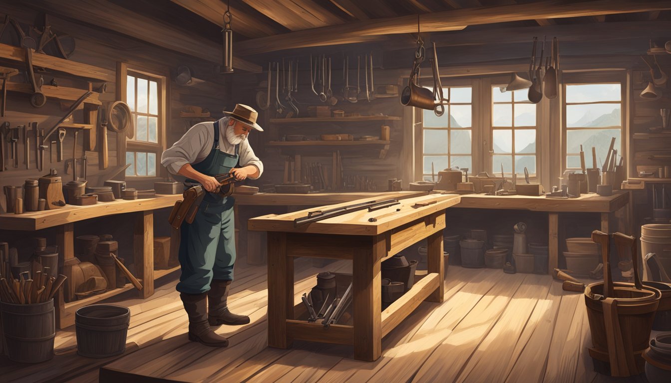 A German Texan gunsmith crafting firearms in a rustic workshop with old tools and wooden workbenches