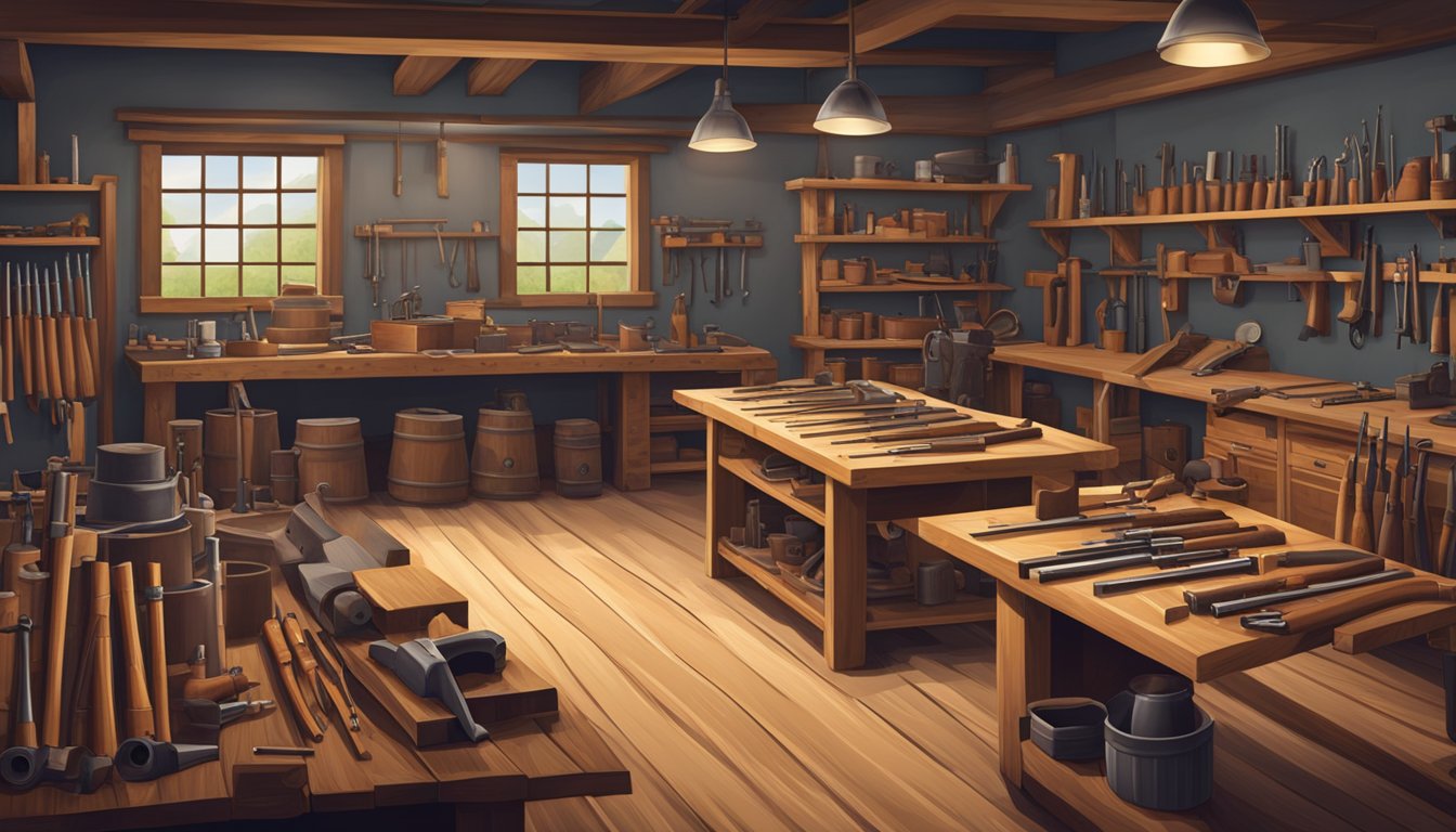 A traditional German Texan gunsmith workshop with tools, workbenches, and firearms in various stages of production