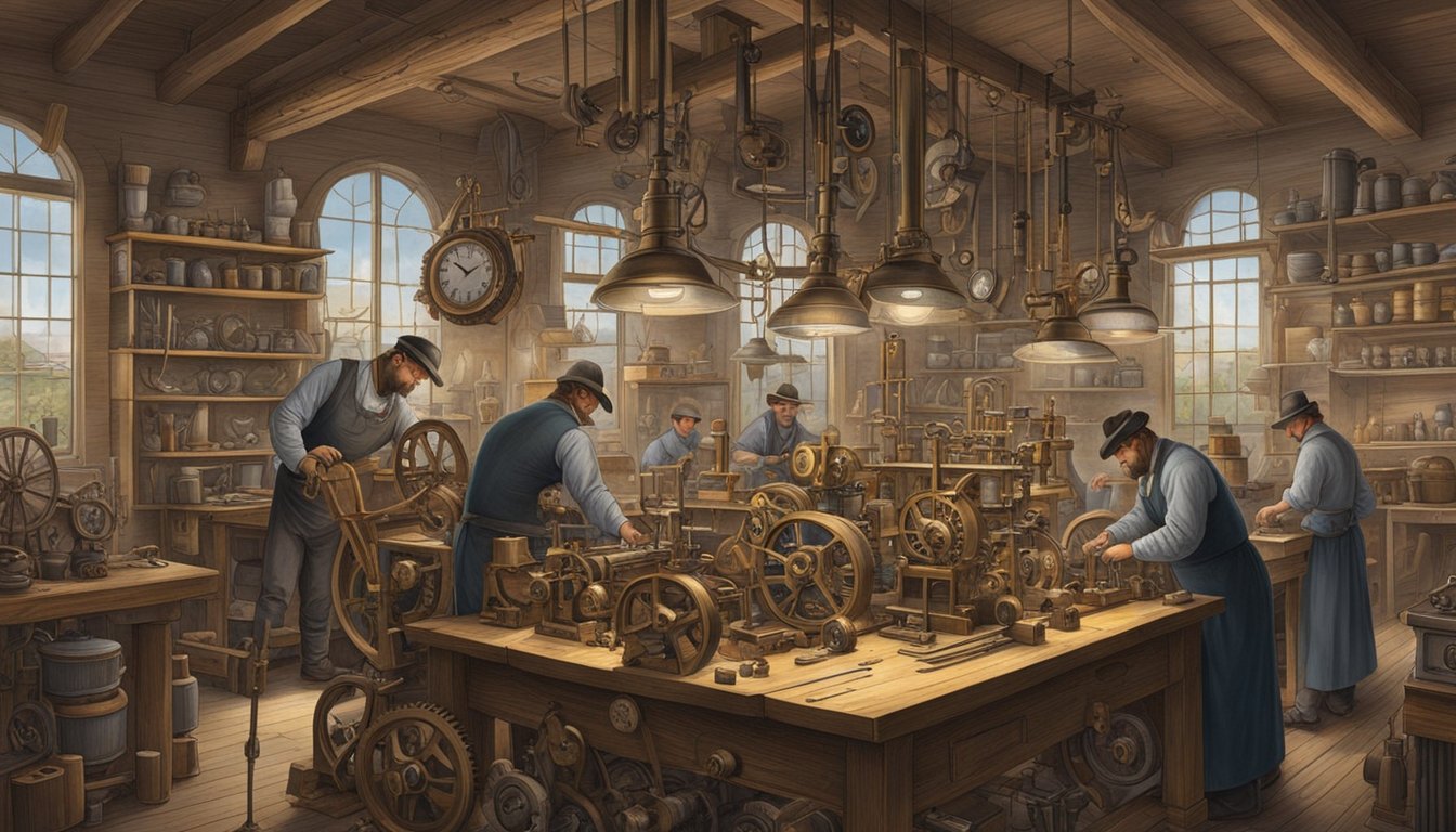 A bustling workshop filled with intricate gears and tools, as German immigrants meticulously craft ornate timepieces in 19th century Texas