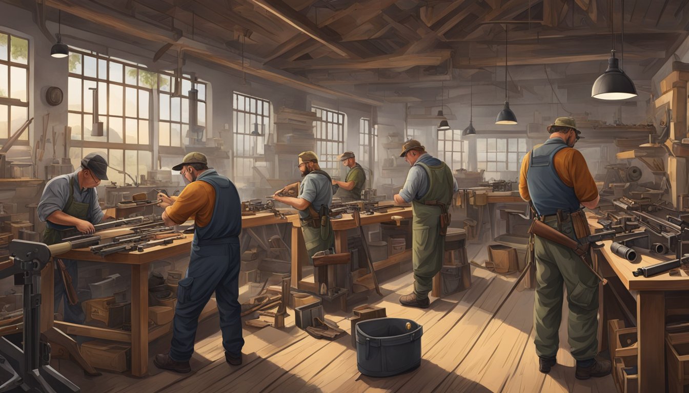 A group of German Texan gunsmiths working on military firearms in a workshop filled with tools and machinery