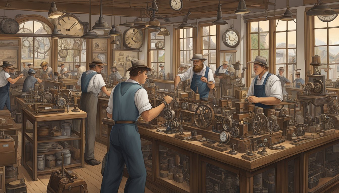 German immigrants working in a Texas watchmaking shop, surrounded by traditional German clocks and timepieces, with Texan influences evident in the design