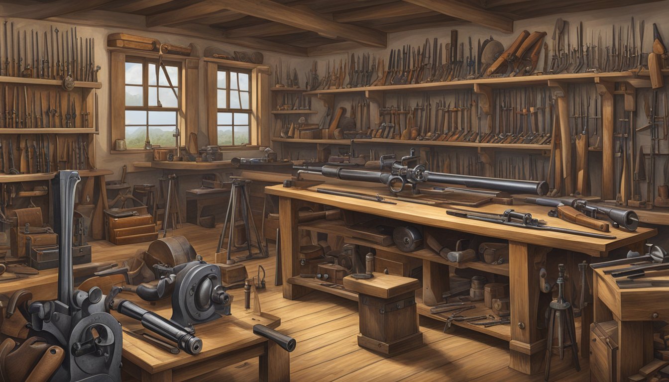 A workshop filled with antique tools and machinery, showcasing the evolution of German Texan firearms craftsmanship