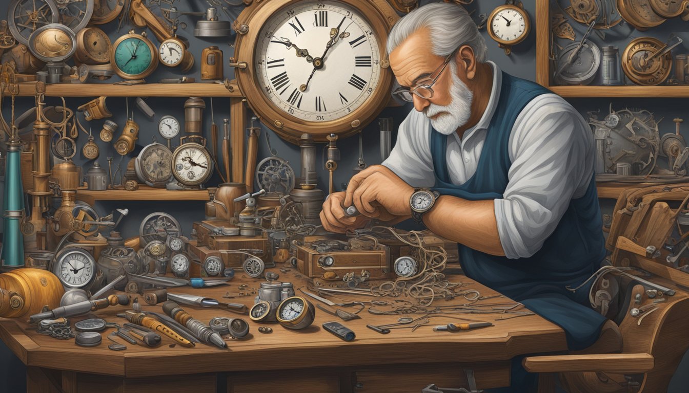 A German immigrant meticulously crafts a intricate clock, surrounded by tools and timepieces, symbolizing resilience and influence on Texas watchmaking