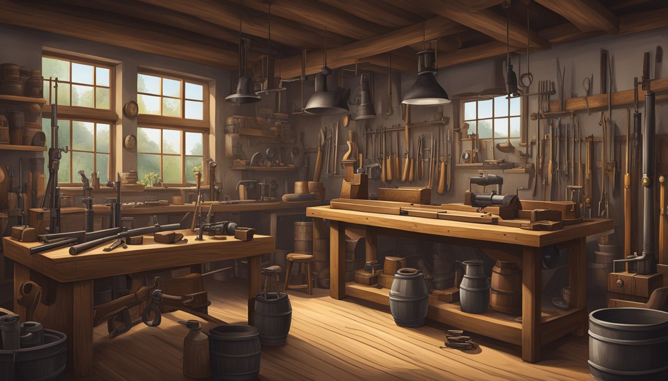 A traditional German-style gunsmith workshop with antique tools alongside modern machinery