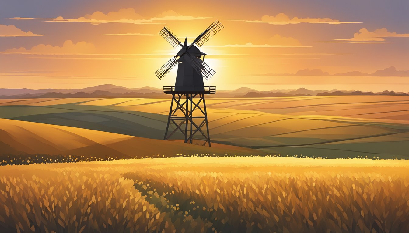 A lone windmill stands tall against the backdrop of a vast Texas landscape, with a golden sunset casting long shadows across the fields