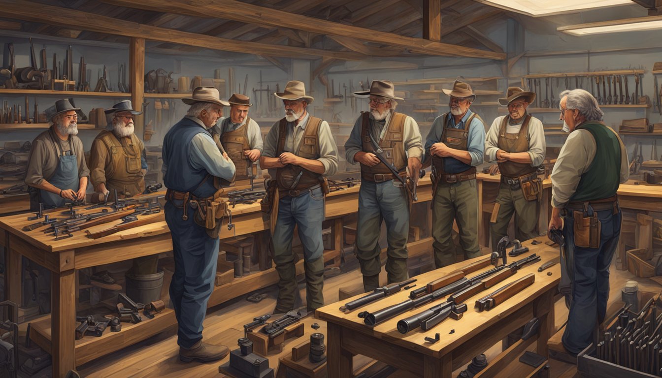 A group of German Texan gunsmiths and firearms makers gather at a workshop, surrounded by tools and machinery, engaged in lively discussion and debate