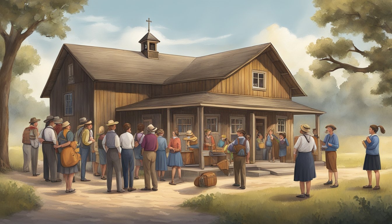 A group of German Texan teachers gather around a rustic schoolhouse, exchanging knowledge and preserving their cultural legacy