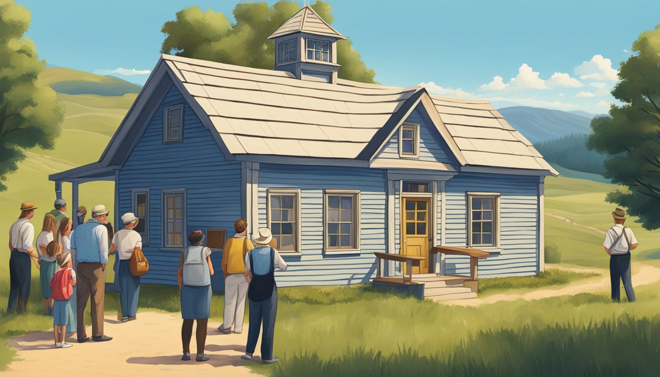 A group of German Texan teachers standing in front of a one-room schoolhouse, surrounded by rolling hills and a clear blue sky